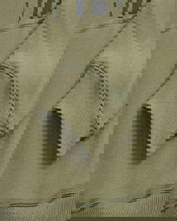 Lambretta Stripe Mens Pull Over Sweatshirt Hooded Hoodie, close-up of the olive green fabric with ribbed cuffs and a detailed stitching on the sleeve.