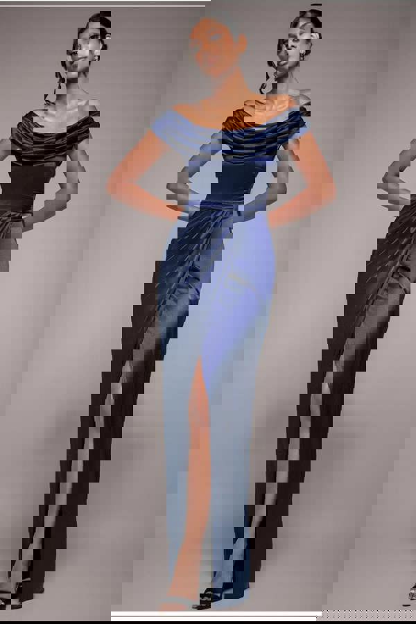 Cowl Bardot Satin Twill Maxi Dress - Navy DR4010