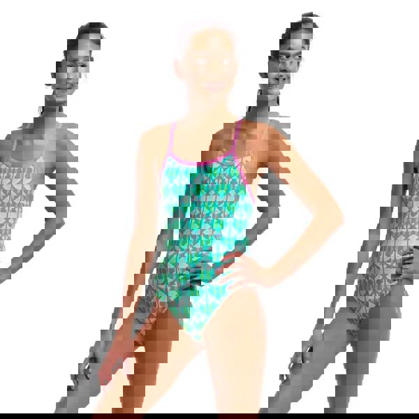 Funkita girls loose goose single strap swimsuit in green pink geometric nylon spandex