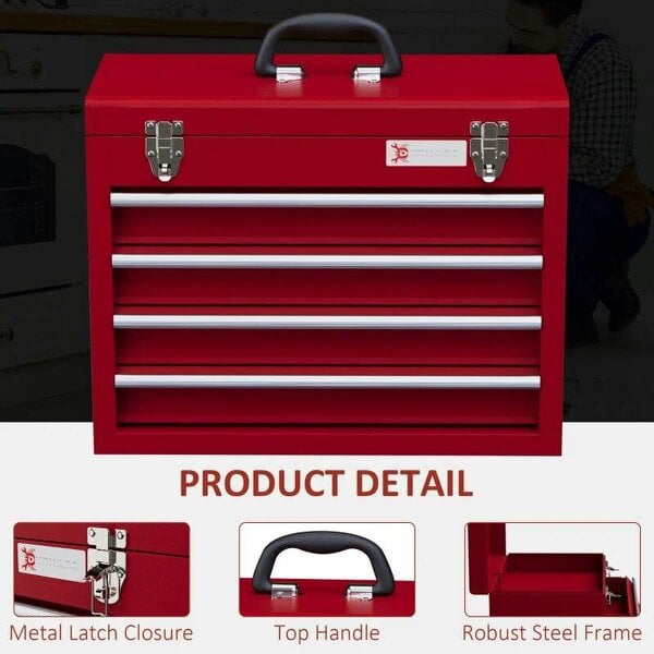 Lockable Metal Tool Box, 4 Drawer Tool Chest with Latches, Handle, Ball Bearing Runners, Red