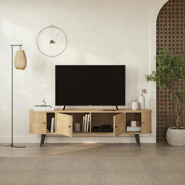 Decortie Modern Gentle TV Stand Oak with 2 Doors Storage Cabinet and 2 Sliding Doors for Storage Organizer 180(W)x40(D)x52(H)cm