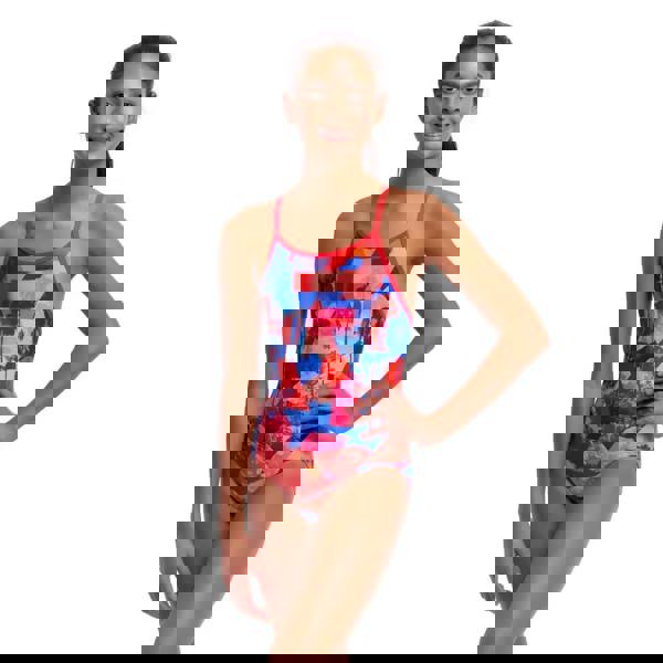 Funkita Girls Miss Adventure Diamond Back swimsuit in blue and red floral geometric pattern