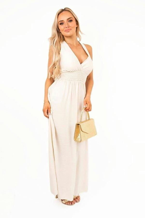 Talina Cross Back Maxi Dress With Ruched Waist - Beige