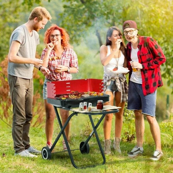 Bobobiy Charcoal Trolley BBQ Barbecue Grill Patio Camping Picnic Garden Party Outdoor Cooking with Windshield and Wheels Side Trays, Black/Red - Black