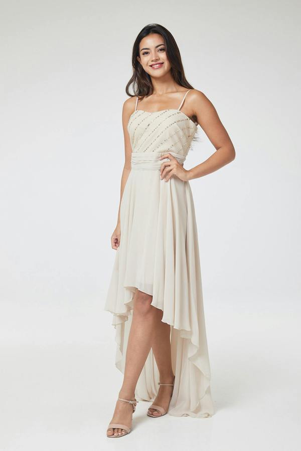 LuvForever Nude Sequin Asymmetric Long Dress
