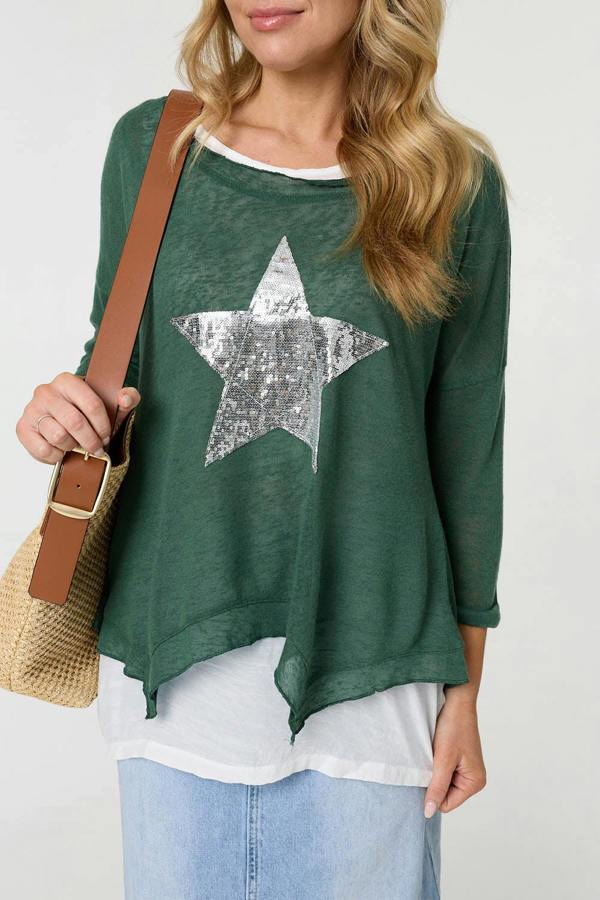 Green | Sequin Star Front Relaxed Layered Top