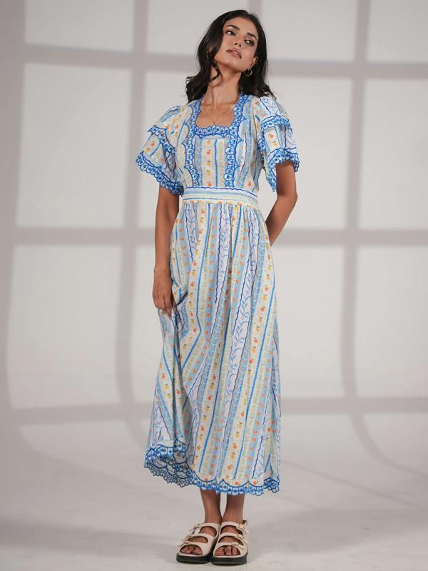 Rose & Nancy Bella Blue and White Ditsy Print Embroidered Midi Dress