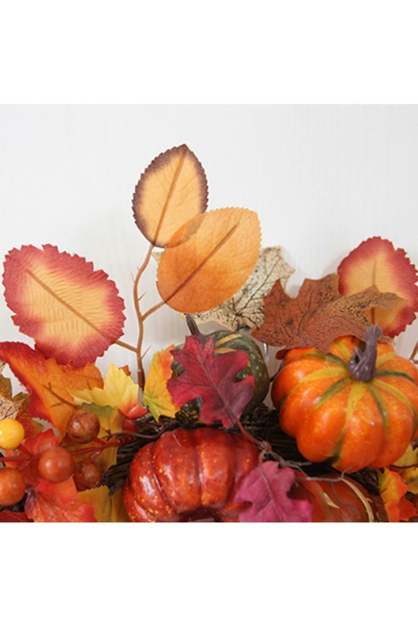 Living and Home 60cm Artificial Autumn Swag Maple Leaves Berry Pumpkin Arch Garland with Light for Halloween Thanksgiving Decor