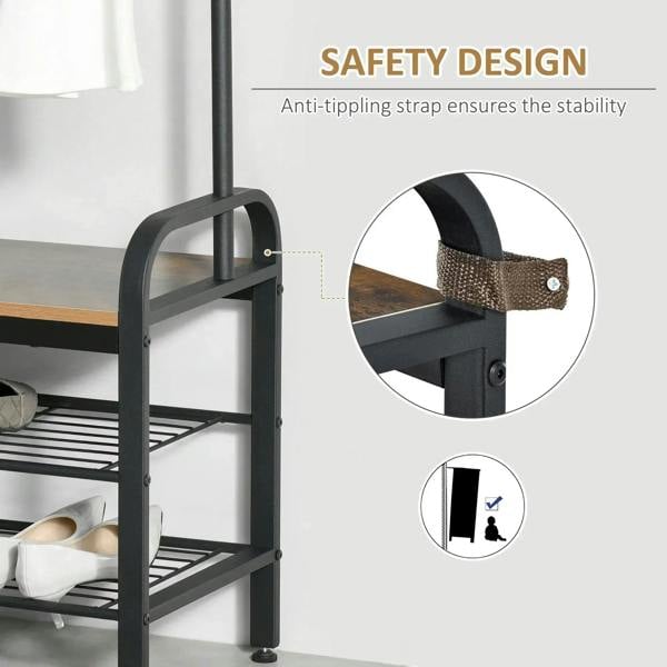 Anti-tip strap attachment on metal coat rack leg with adjustable non-slip foot pad
