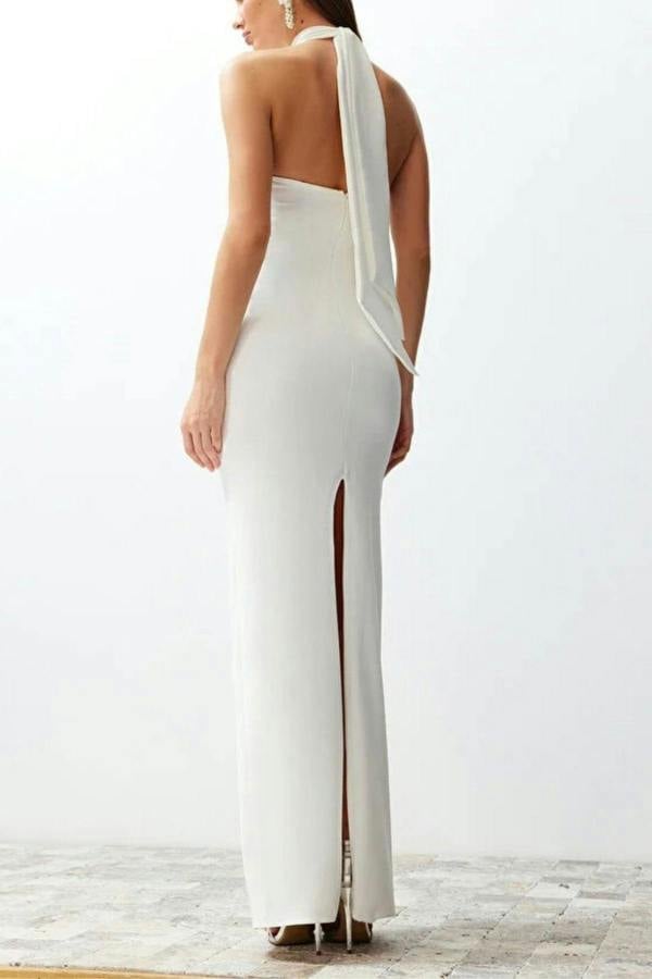 WOVCOR Woven Maxi Elegant Evening Dress with Rose Detail