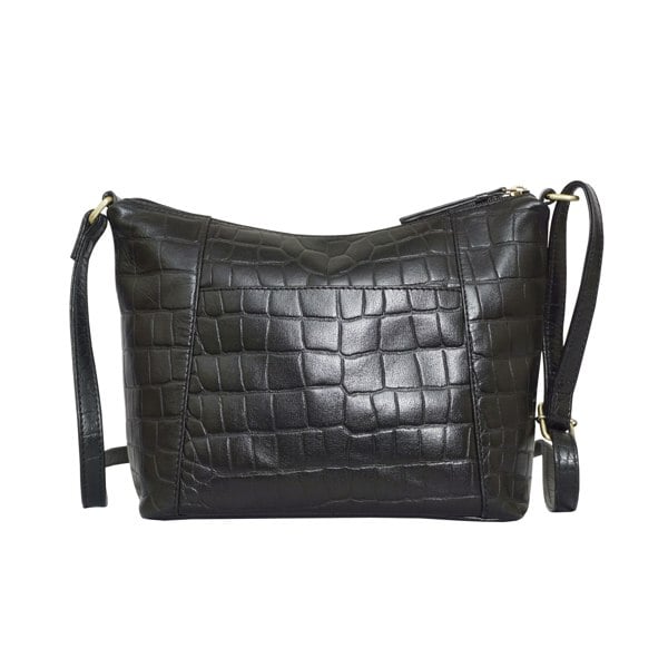 Assots London 'CAROL' Black Croc Real Leather Designer Crossbody Shoulder Bag