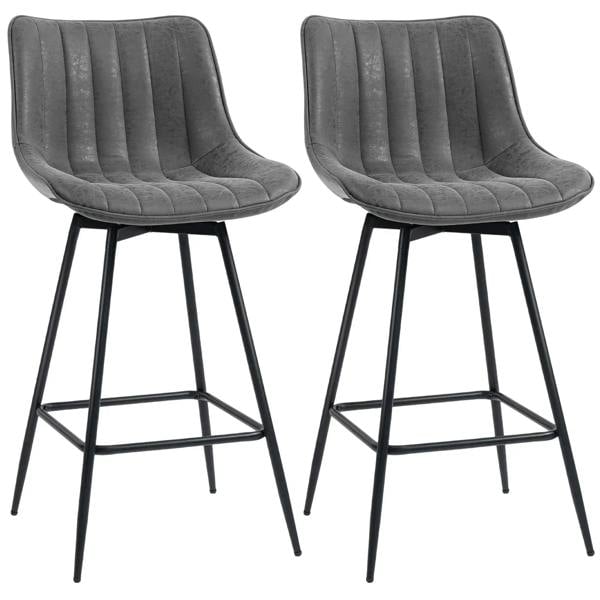 Set of 2 grey swivel bar stools, PU leather seat, black metal legs