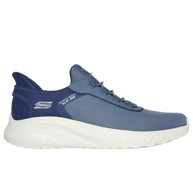 Skechers Bobs Squad Chaos Tough Walk Mens Slip-Ins Casual Trainers, Men's blue slip-on walking shoes with cushioned white sole.