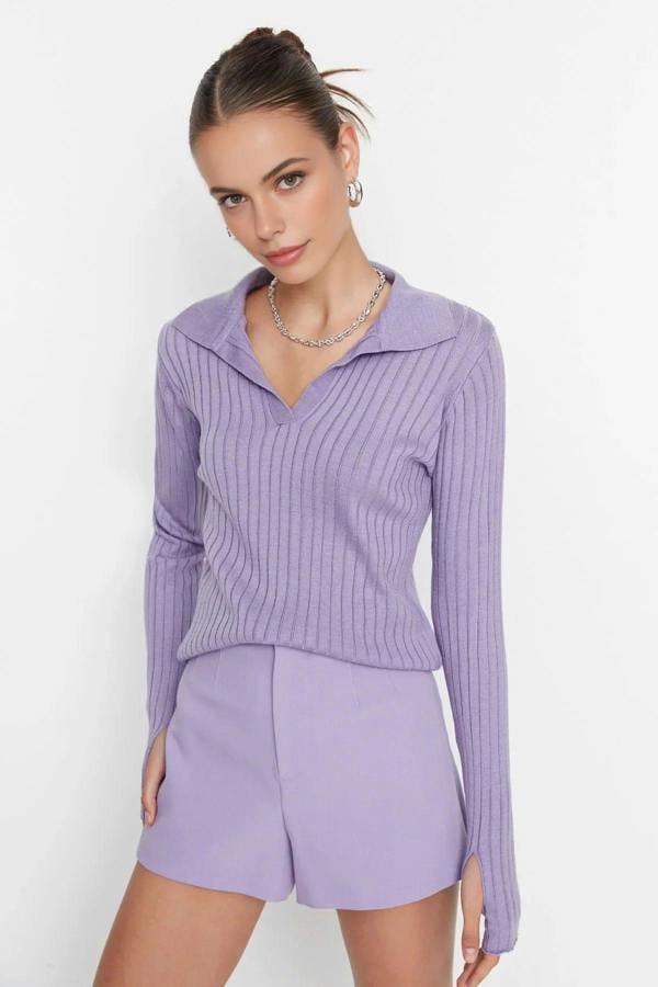 WOVCOR Polo Neck Knit Sweater with Finger Detail