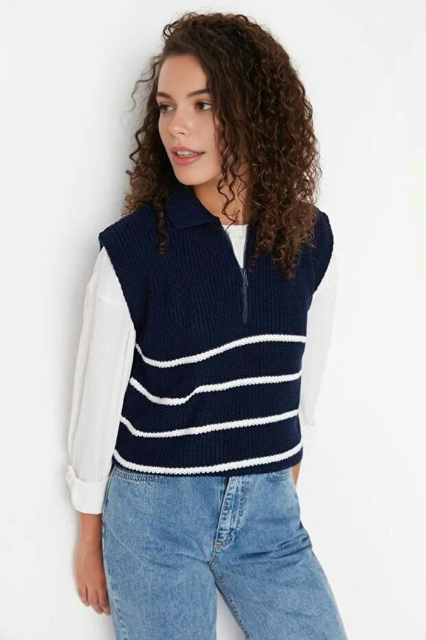 WOVCOR Zippered Striped Polo Neck Knit Sweater
