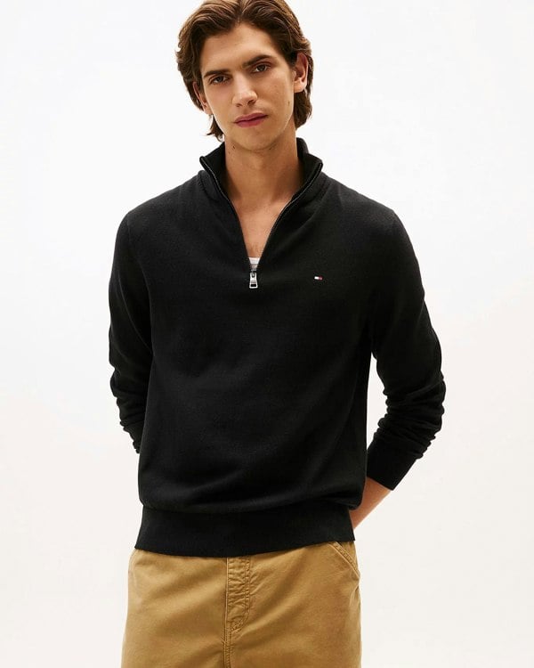 Tommy Hilfiger Organic Cotton Cashmere Mens Zip-Mock Sweater - Black