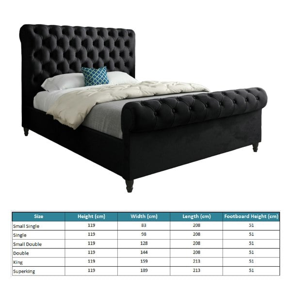 Casa Magna Sienna Sleigh Upholstered Soft Velvet Bed Frame - Black