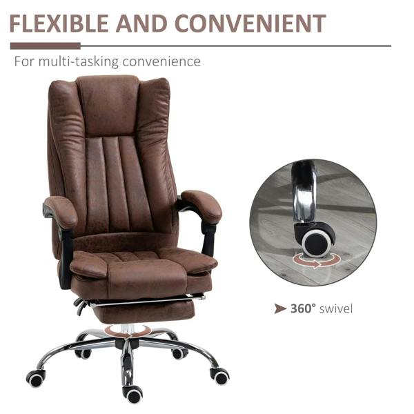 Brown office chair with 360° swivel base, padded back and seat, and armrests