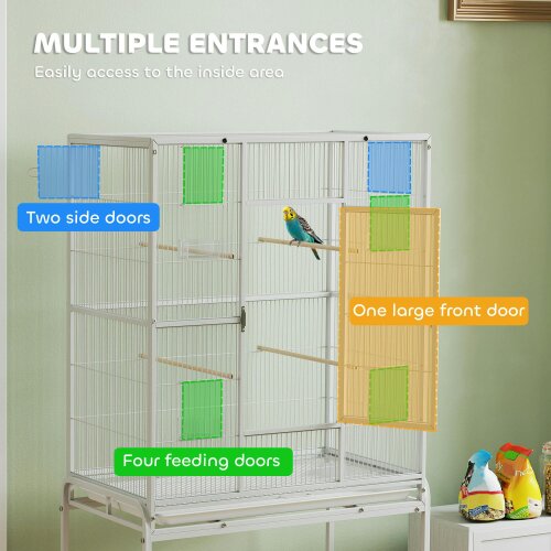 PawHut Rolling Bird Cage w/ Detachable Stand Storage Shelf Wood Perch, White