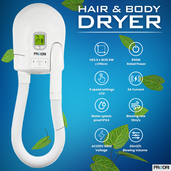 Hydor Pro Washroom Body & Hair Dryer - Wall-Mounted Hair Dryers with Shaver Sockets - 5 Heat Settings