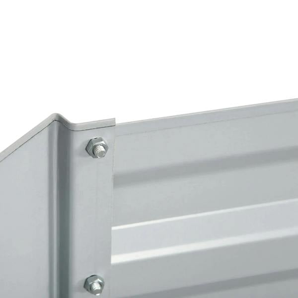 Light grey galvanized steel raised bed corner with secured bolts and vertical panels