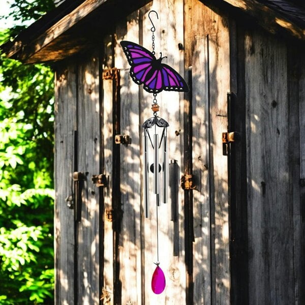 EDH Door Hardware Suncatcher Purple Butterfly Wind Chime (58cm x 14cm x 6cm) – Handmade Metal & Glass Hanging Chime – Outdoor Garden Ornament