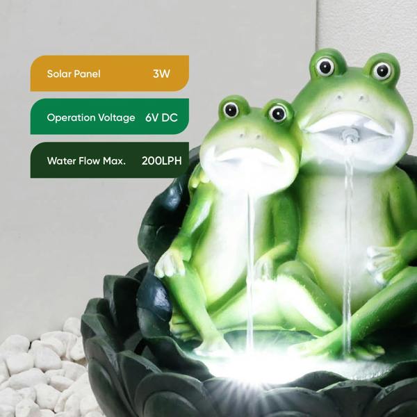 Gardenwize Solar Powered Two Frogs on a Lily Pad Water Feature with LED Light & Battery Backup