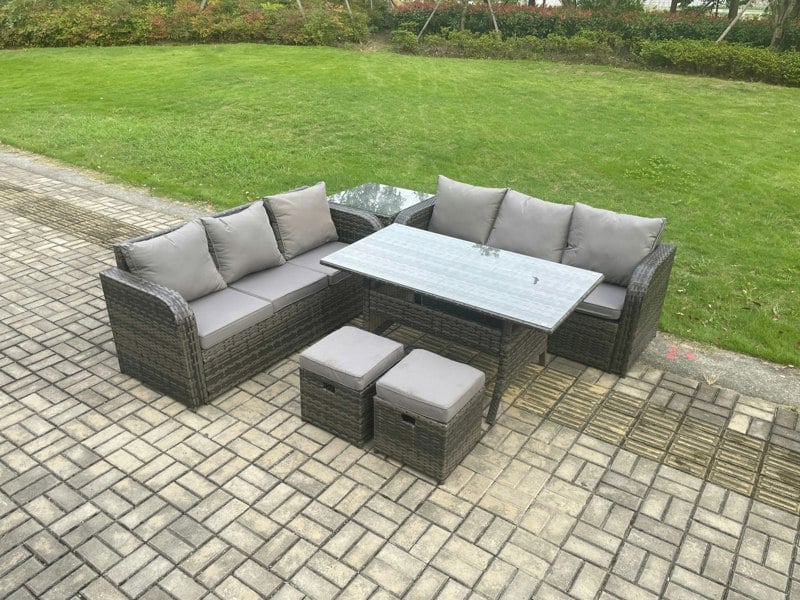 Fimous Rattan Garden Furniture Set with Oblong Rectangular Dining Table 2 Small Footstools Side Table 6 Pieces Outdoor Lounge Sofa Set Dark Grey Mixed