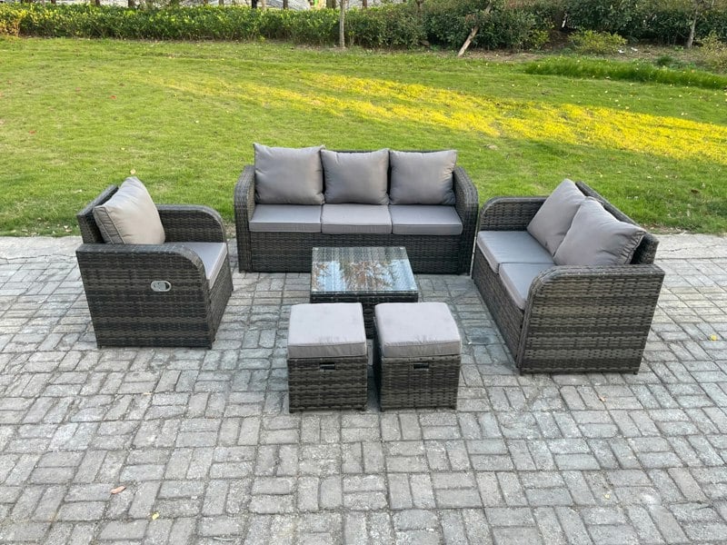 Fimous Rattan Garden Furniture 6 Piece Patio Set With Table Sofa Square Coffee Table Reclining Chair Love seat sofa 2 Small Footstools