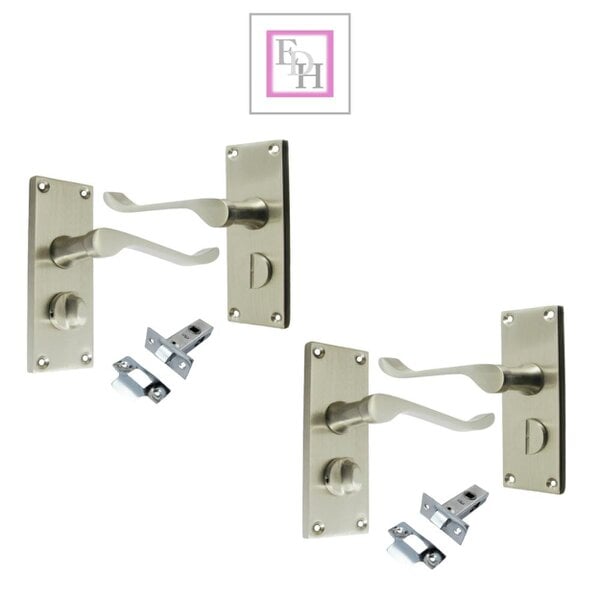 EDH Door Hardware Victorian Scroll Satin Nickel Bathroom Door Handles with Privacy Lock + Latch