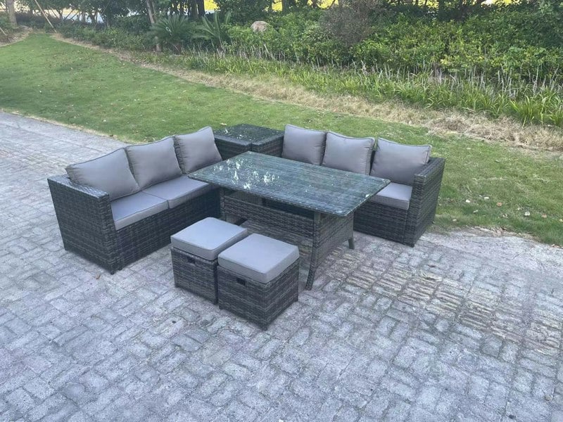 Fimous 8 Seater Dark Grey Mixed Rattan Outdoor Dining Set - Rectangular Dining Table, Lounge Sofa & 2 Footstools