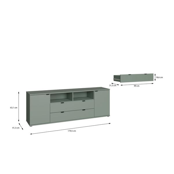 Furniture To Go Ganymede Wide TV Unit with Open Shelving, 2 Drawers & 2 Doors in Sage Green