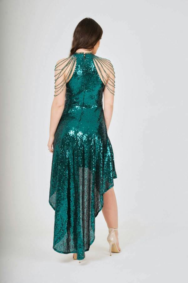 LuvForever Emerald Jewel Shoulder Hi-Lo Sequin Dress