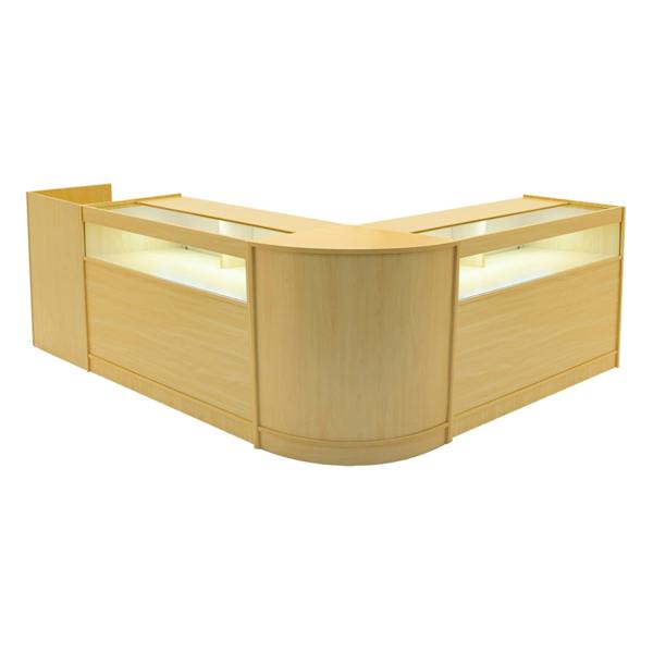 Luna LED Shop Counter Set in maple finish, featuring a modern design with curved edges, display shelves, and integrated lighting