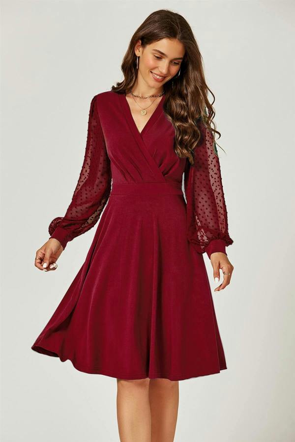 FS Collection Long Sleeve Pleated Detail Midi Dress In Dark Red