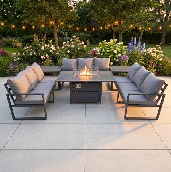 Fimous Aluminium 9 Seater Outdoor Garden Furniture Set with Gas Fire Pit Dining Table, 3 Sofas & 2 Side Tables - Dark Grey