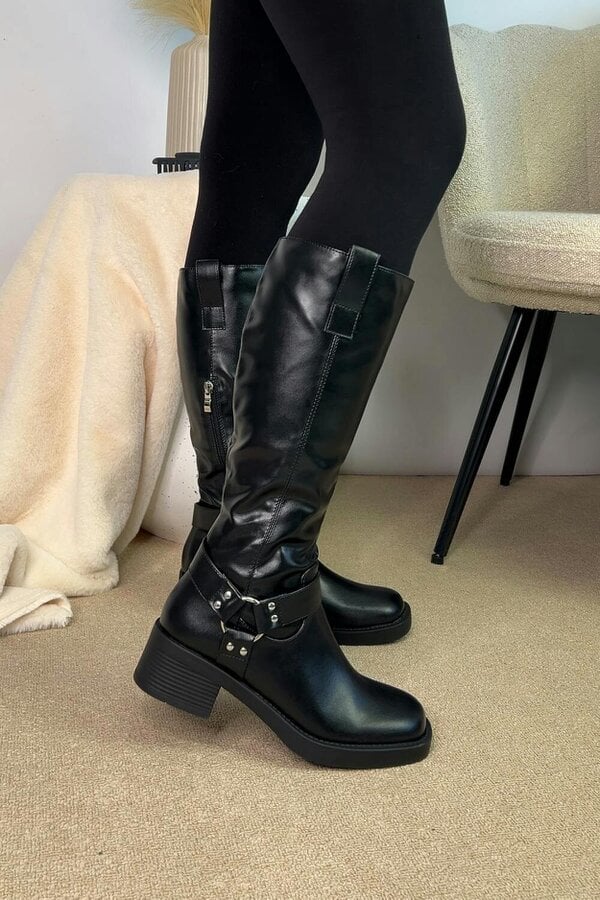 XY LONDON Knee High Biker Mid Block Heel Western Boots