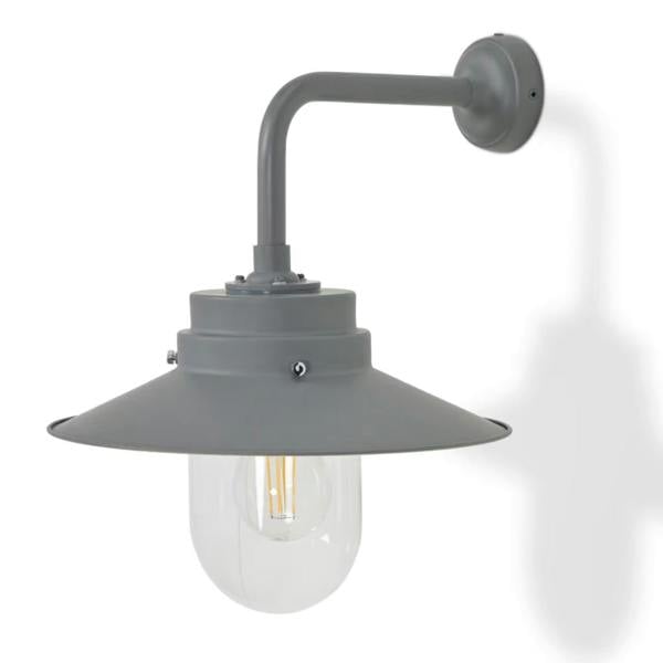 Side profile of the Charcoal nautical deck light showing the curved steel wall arm and industrial fixings.