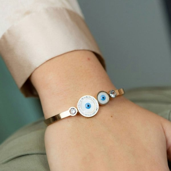 The Colourful Aura Evil Eye Round Brass White Enamel Gold Zircon Armlet Bangle