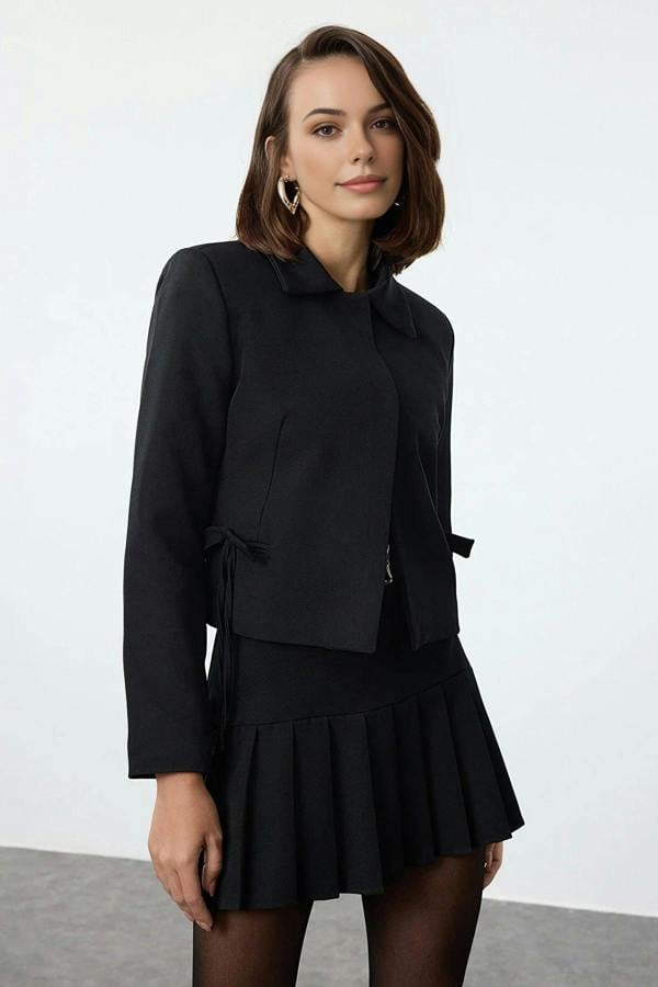 WOVCOR Ribbon Detail Shirt Collar Crop Woven  Blazer Jacket
