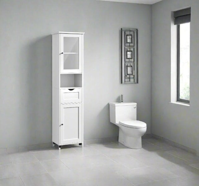 Modcraft Free-Standing Tall Bathroom Cabinet with Drawer, Glass Door & Open Shelf - Cloud White