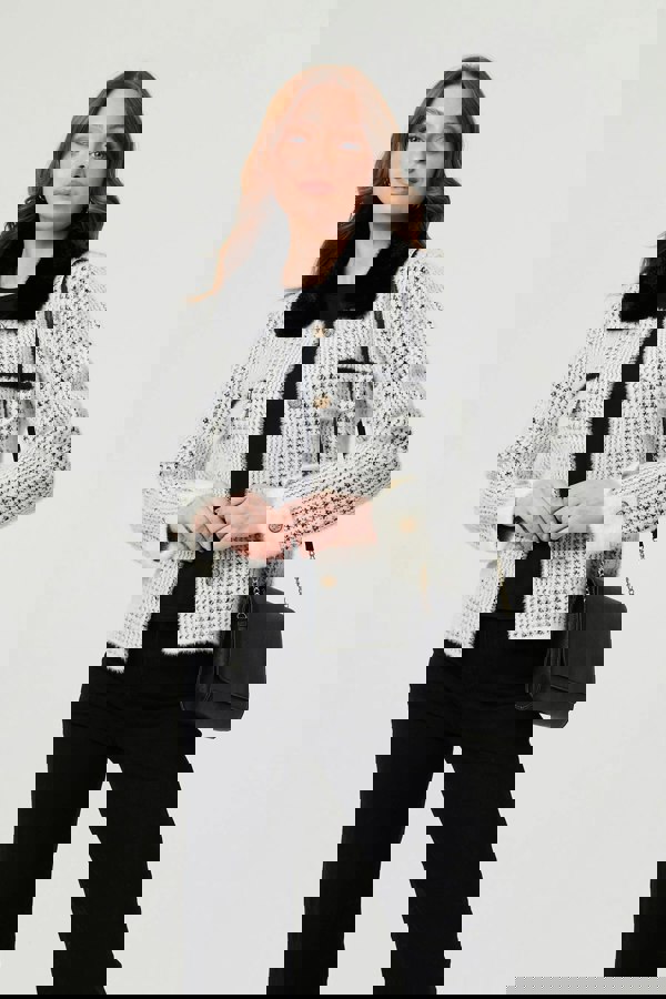 Black | Checked Faux Fur Long Sleeve Jacket
