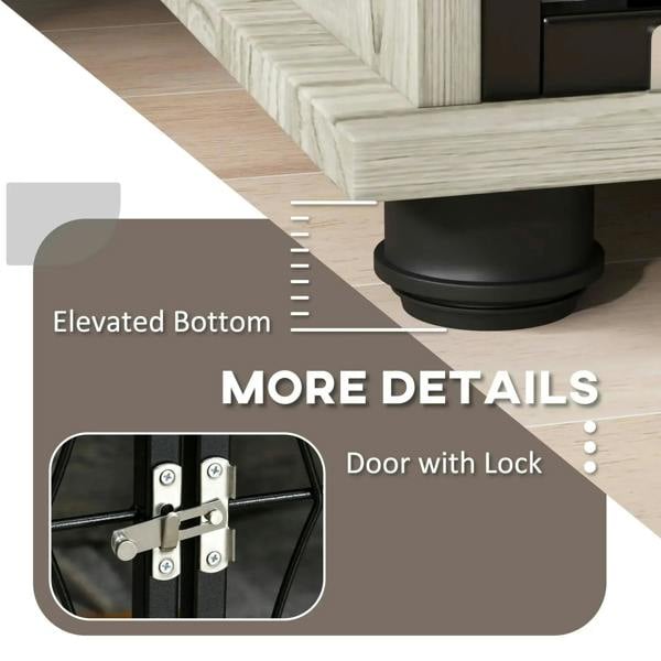 Grey dog crate end table with lockable door and elevated bottom for airflow