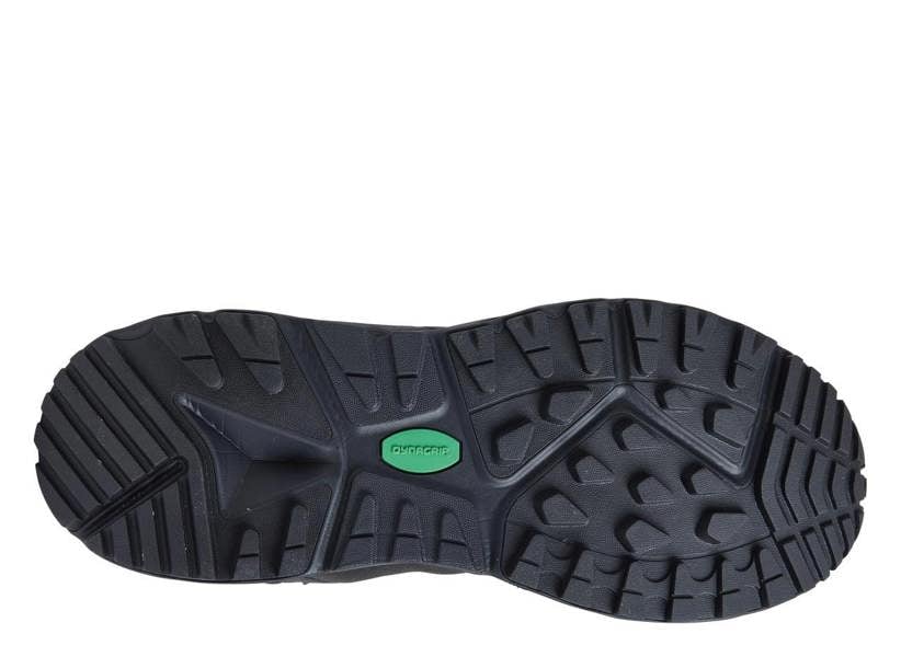 Karrimor Goshawk Mens Casual Walking Trail Hiking Outdoor Ankle Boots, view of the rugged black rubber outsole showing tread pattern and green logo detail