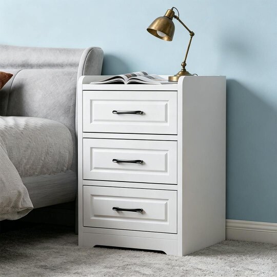 Havendro 3 Drawer Bedside Cabinet, White Chest Table, Solid Wood Bedroom Furniture