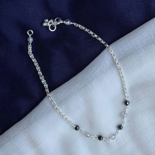 The Colourful Aura Sterling Silver black beaded Summer Indie Boho Indian Payal Anklet