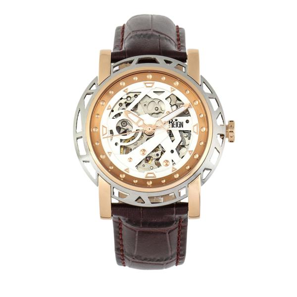 Reign Stavros Automatic Skeleton Leather-Band Watch - Rose Gold/White - REIRN3703