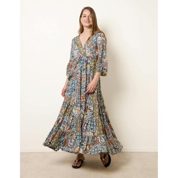 Blue Vanilla Wrap Over Tiered Art Silk Dress