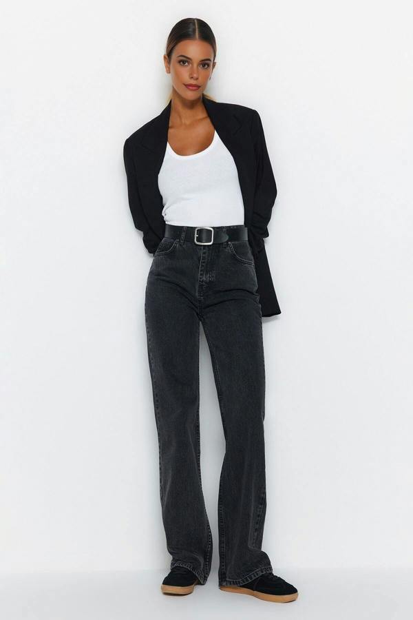 WOVCOR Faded Effect Vintage High-Waisted Wide Leg Jeans