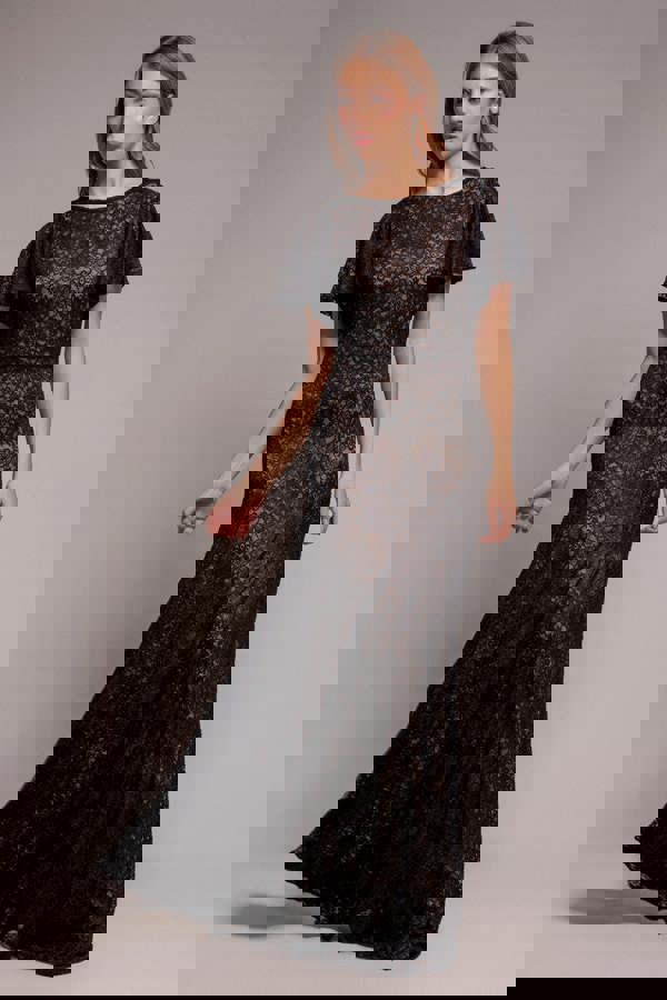 Flutter Sleeve Lace A-Line Maxi Dress - Black DR4361